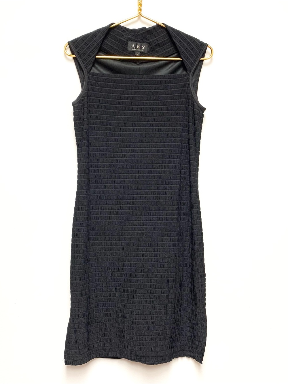 Vintage 90s Y2K ABS Puckered Jersey Slinky Sheath Dress Size M Black Knee Length